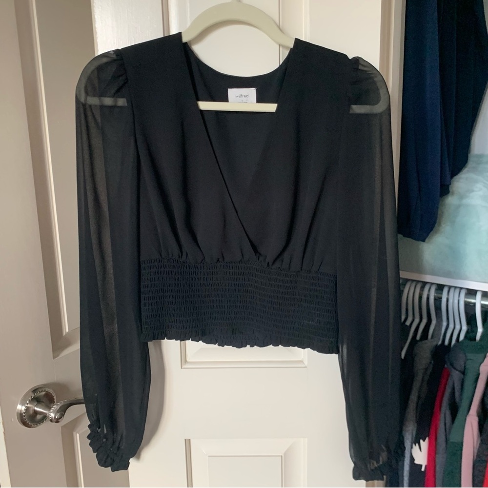 Wilfred Black Wistful Blouse with Smocked Waist and Sheer Sleeves